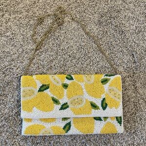 Beaded Lemon Print Chain Strap Clutch - Yellow